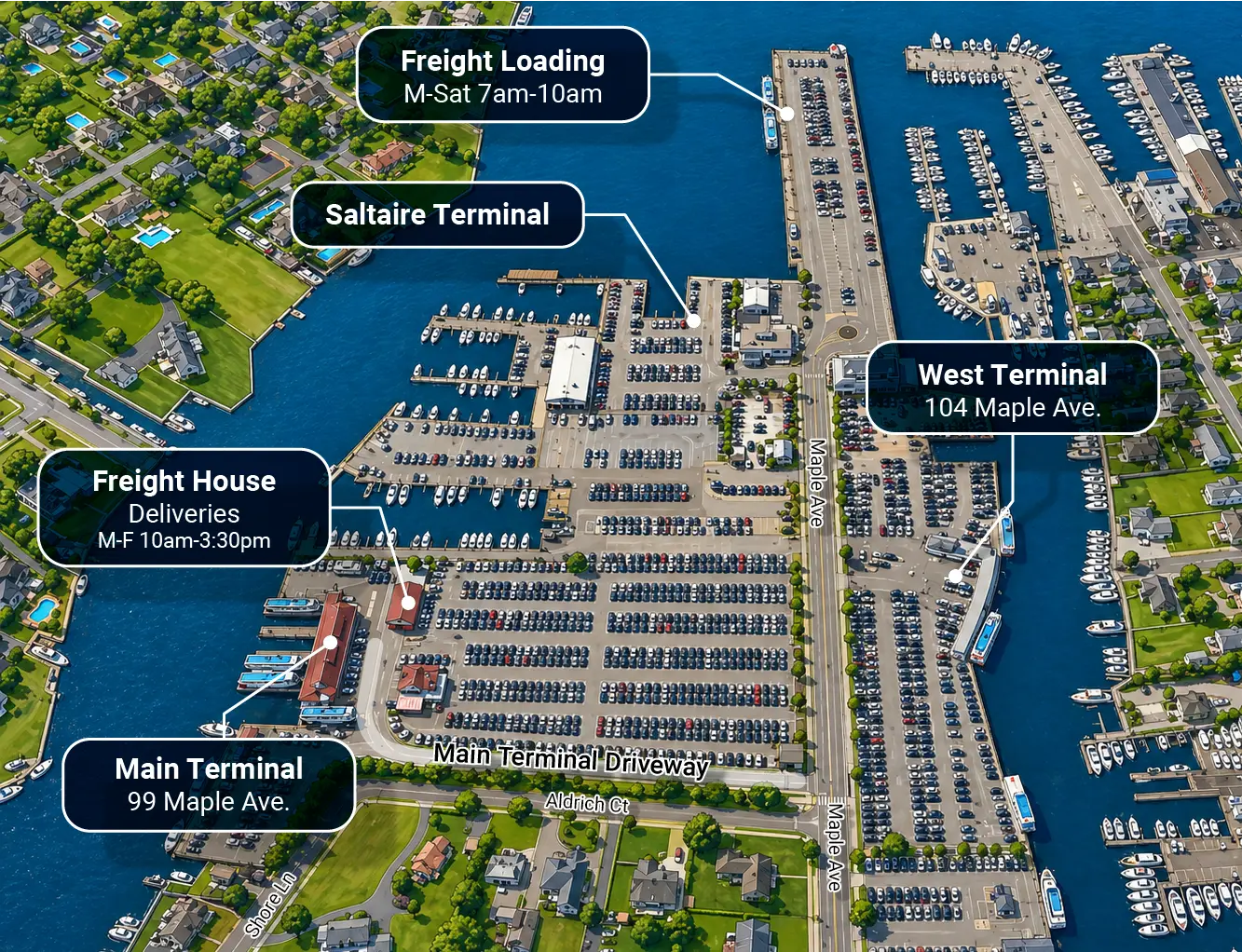 Aerial view of the Bay Shore freight terminals labeled with locations and hours: Freight Loading (M-Sat 7am-10am), Saltaire Terminal, West Terminal (104 Maple Ave.), Freight House Deliveries (M-F 10am-3:30pm), and Main Terminal (99 Maple Ave.)